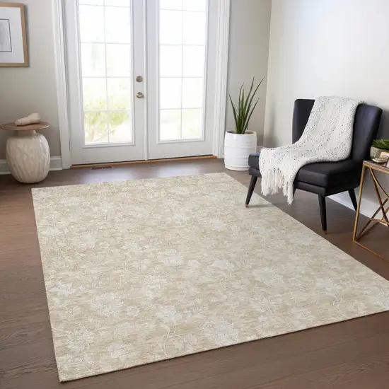 Beige Tan And Ivory Floral Washable Indoor Outdoor Area Rug Photo 8