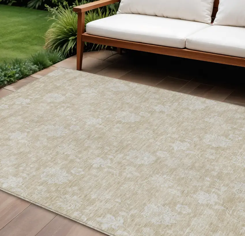 Beige Tan And Ivory Floral Washable Indoor Outdoor Area Rug Photo 1