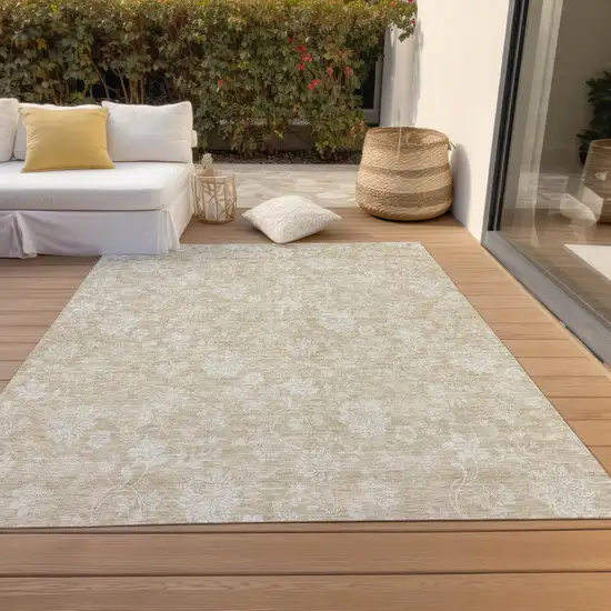 Beige Tan And Ivory Floral Washable Indoor Outdoor Area Rug Photo 7