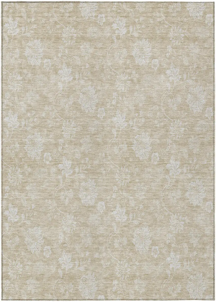 Beige Tan And Ivory Floral Washable Indoor Outdoor Area Rug Photo 2