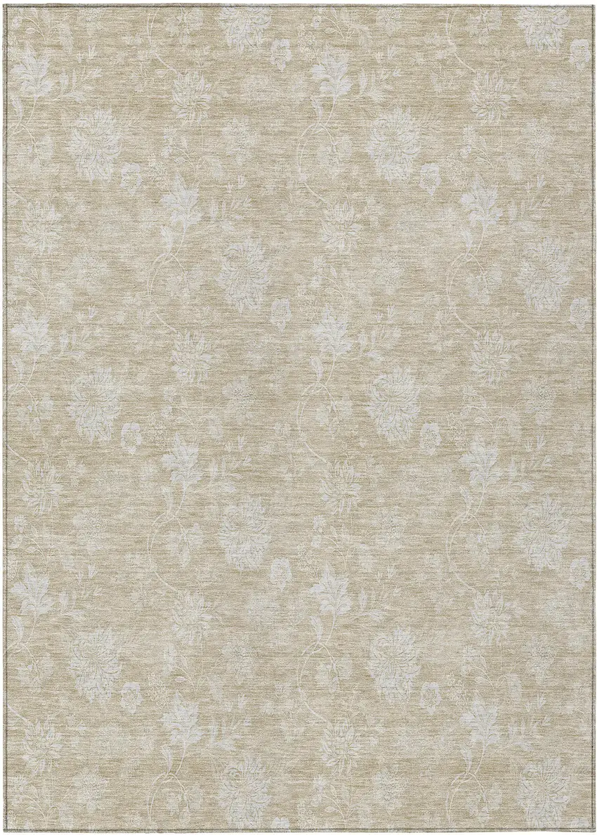 Beige Tan And Ivory Floral Washable Indoor Outdoor Area Rug Photo 2