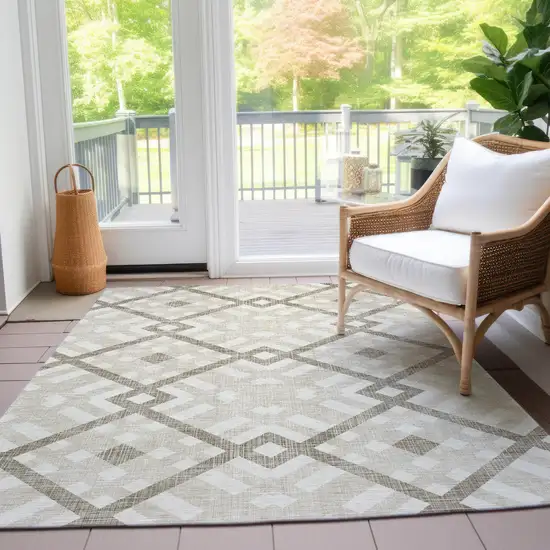 Beige Tan And Ivory Geometric Washable Indoor Outdoor Area Rug Photo 8