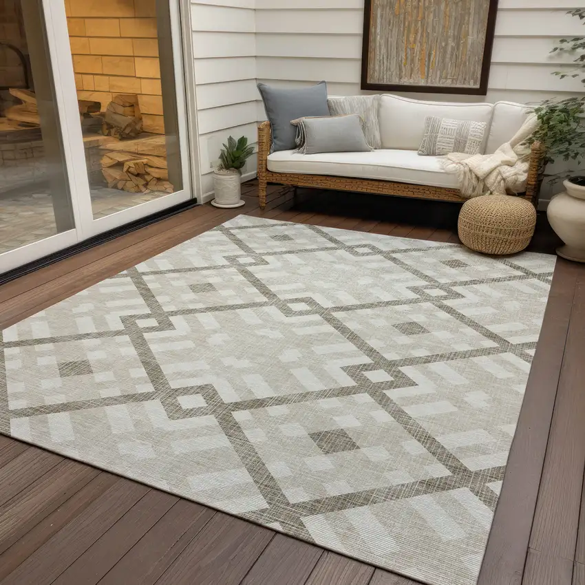 Beige Tan And Ivory Geometric Washable Indoor Outdoor Area Rug Photo 9