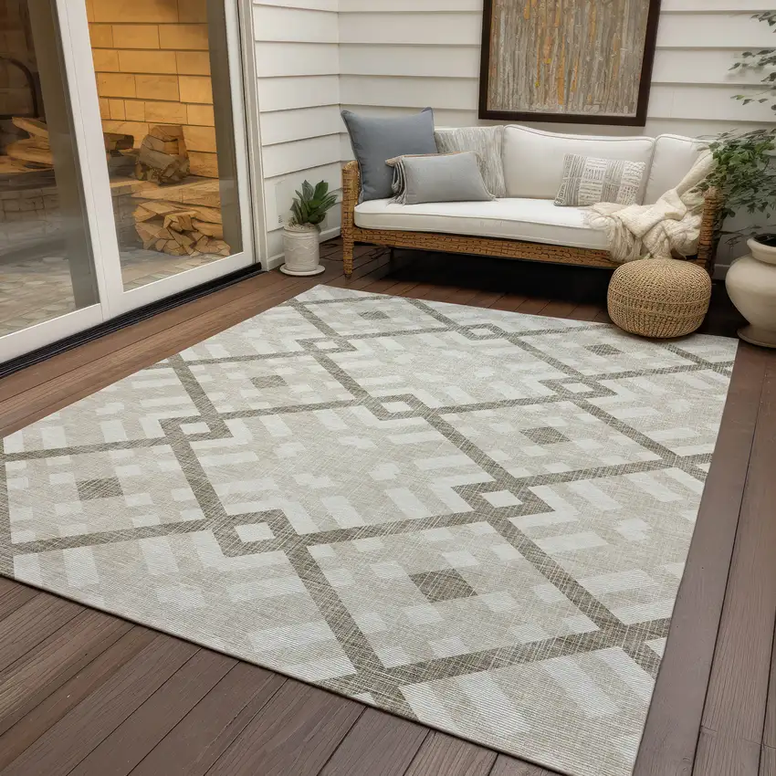 Beige Tan And Ivory Geometric Washable Indoor Outdoor Area Rug Photo 9
