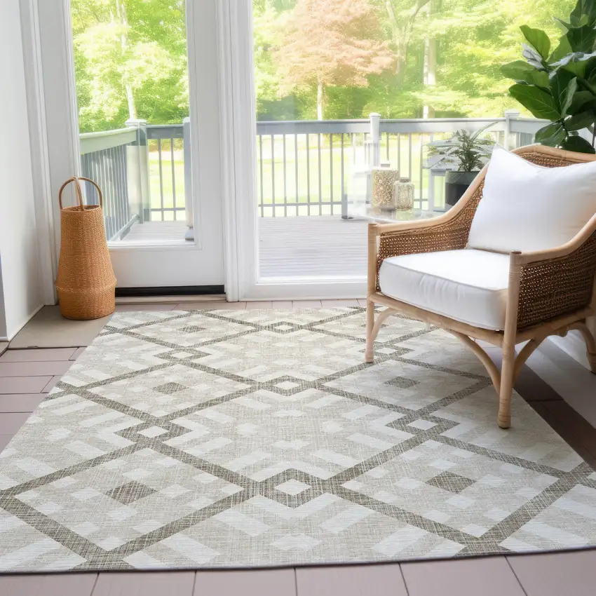 Beige Tan And Ivory Geometric Washable Indoor Outdoor Area Rug Photo 8