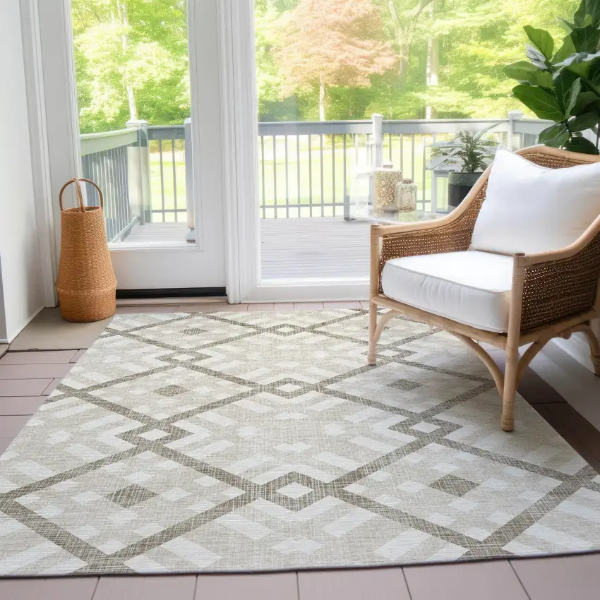 Beige Tan And Ivory Geometric Washable Indoor Outdoor Area Rug Photo 8