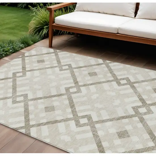 Beige Tan And Ivory Geometric Washable Indoor Outdoor Area Rug Photo 1