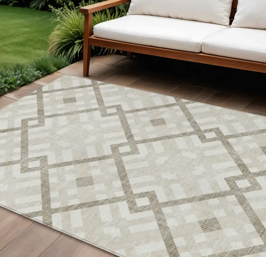 Beige Tan And Ivory Geometric Washable Indoor Outdoor Area Rug Photo 1