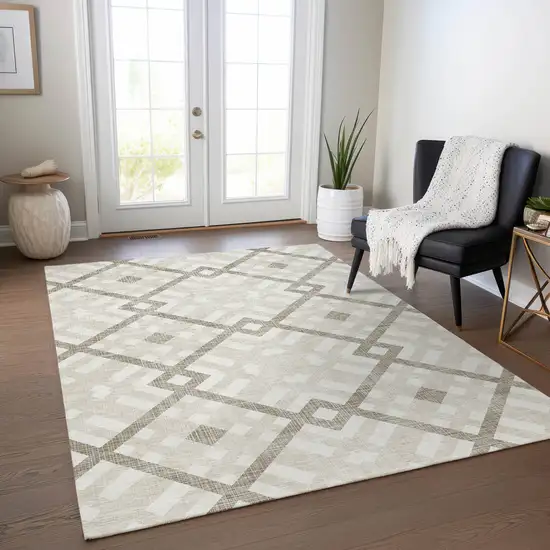 Beige Tan And Ivory Geometric Washable Indoor Outdoor Area Rug Photo 7