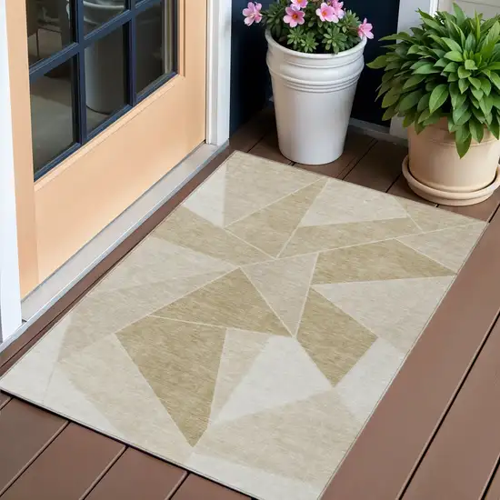 Beige Tan And Ivory Geometric Washable Indoor Outdoor Area Rug Photo 1