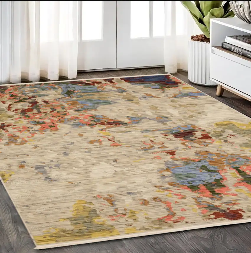 Beige Tan And Light Blue Abstract Area Rug With Fringe Photo 1