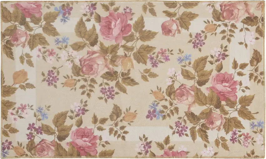 Beige Tan And Red Floral Non Skid Area Rug Photo 3