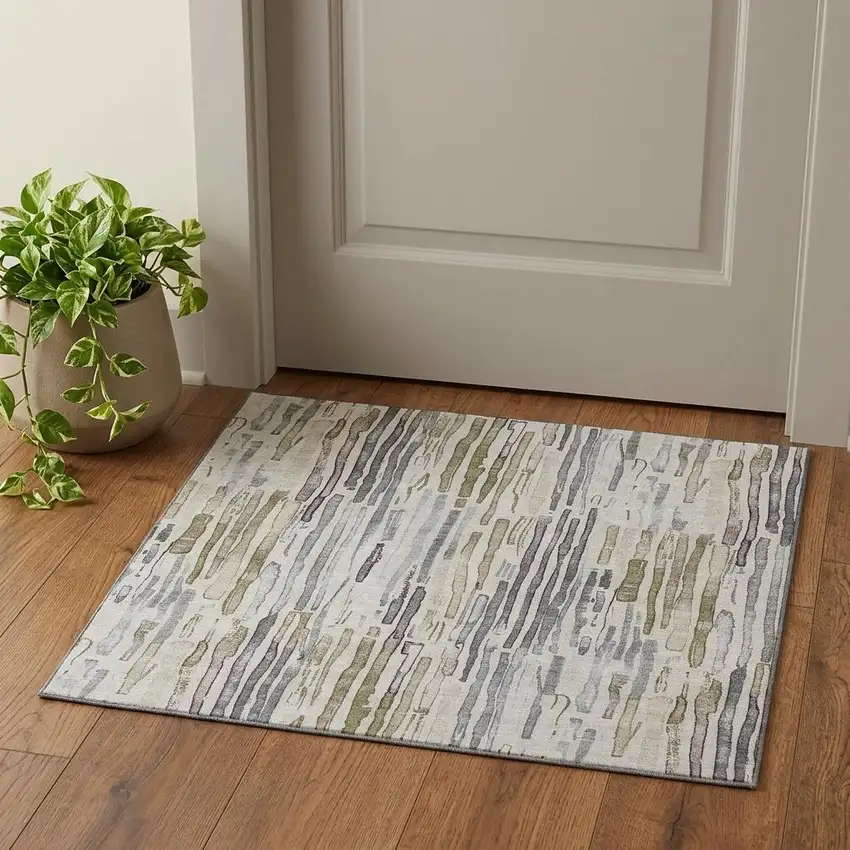 Beige Tan And Silver Striped Washable Area Rug With UV Protection Photo 1