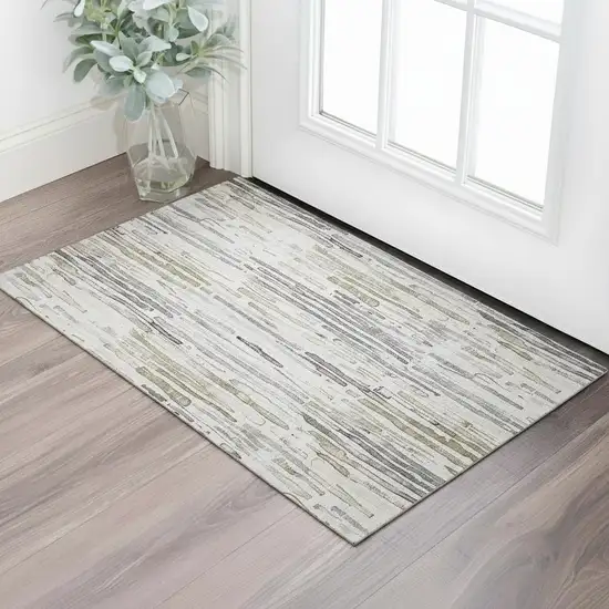 Beige Tan And Silver Striped Washable Area Rug With UV Protection Photo 2