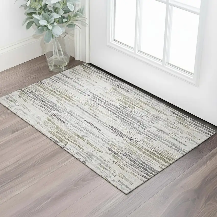 Beige Tan And Silver Striped Washable Area Rug With UV Protection Photo 2