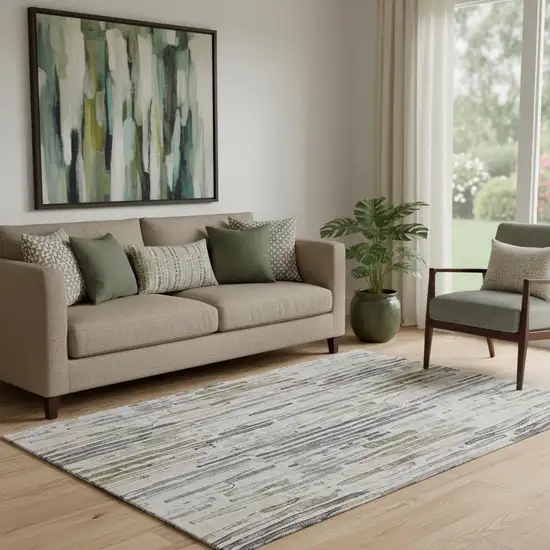 Beige Tan And Silver Striped Washable Area Rug With UV Protection Photo 2