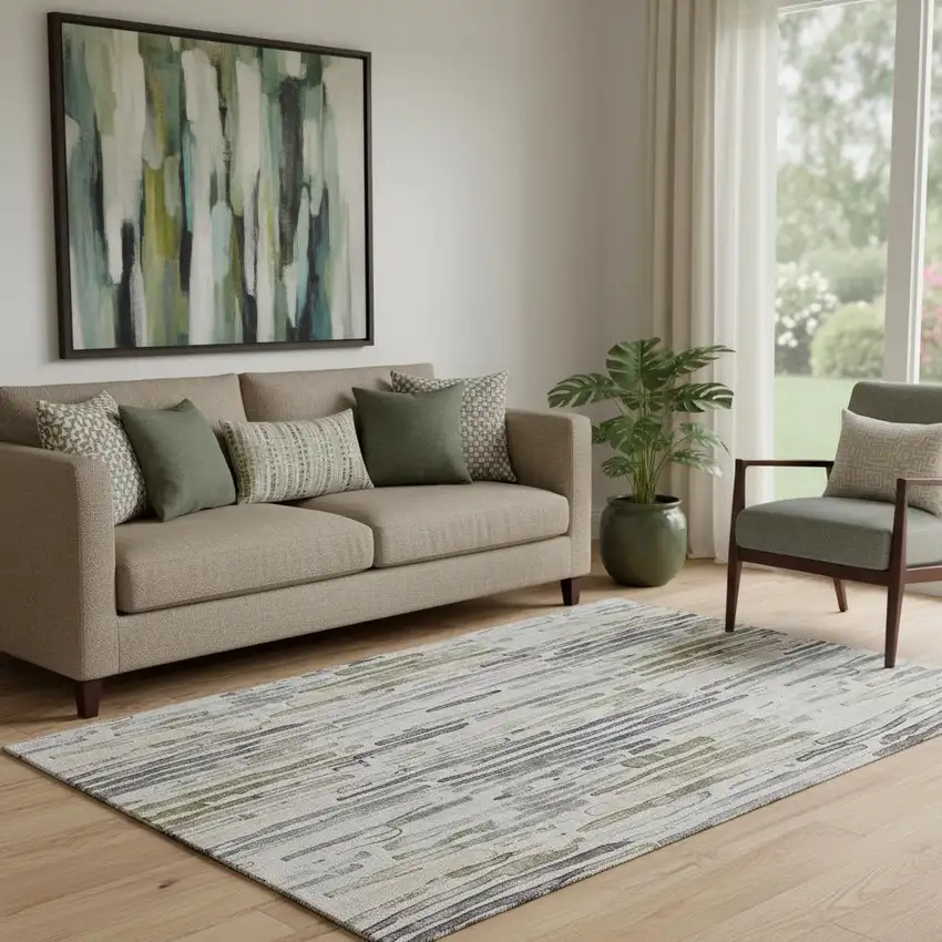 Beige Tan And Silver Striped Washable Area Rug With UV Protection Photo 2