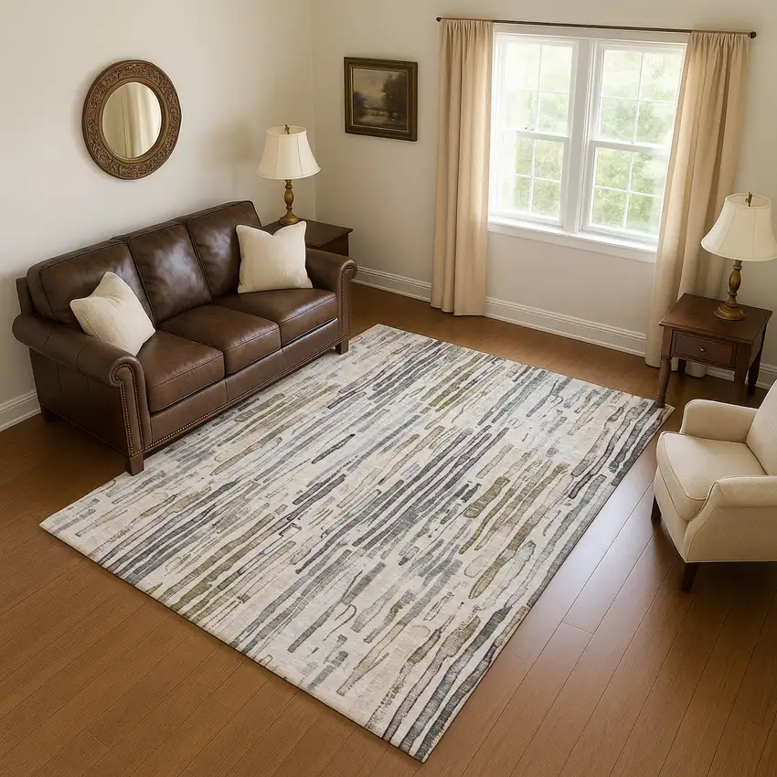 Beige Tan And Silver Striped Washable Area Rug With UV Protection Photo 4