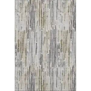 Photo of Beige Tan And Silver Striped Washable Area Rug With UV Protection