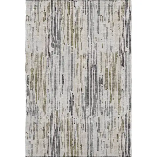 Beige Tan And Silver Striped Washable Area Rug With UV Protection Photo 1