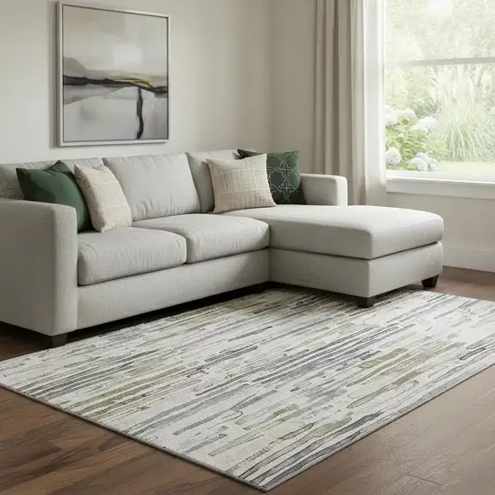 Beige Tan And Silver Striped Washable Area Rug With UV Protection Photo 2