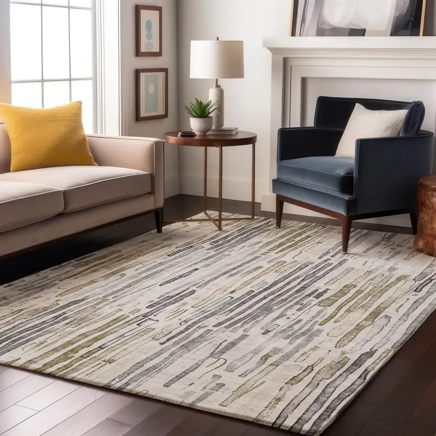 Beige Tan And Silver Striped Washable Area Rug With UV Protection Photo 5