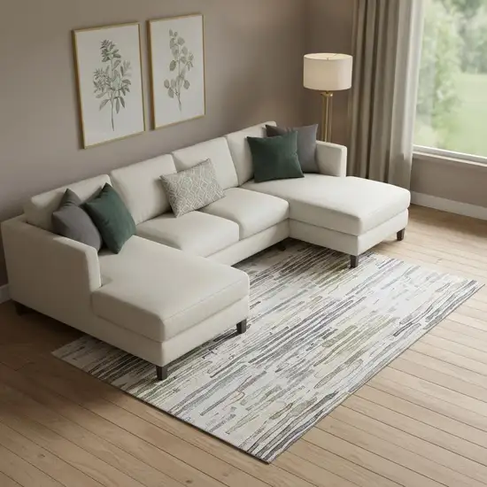 Beige Tan And Silver Striped Washable Area Rug With UV Protection Photo 2