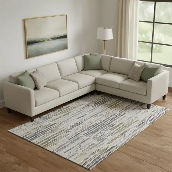 Beige Tan And Silver Striped Washable Area Rug With UV Protection Photo 2