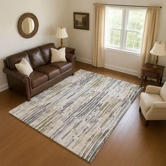 Beige Tan And Silver Striped Washable Area Rug With UV Protection Photo 4