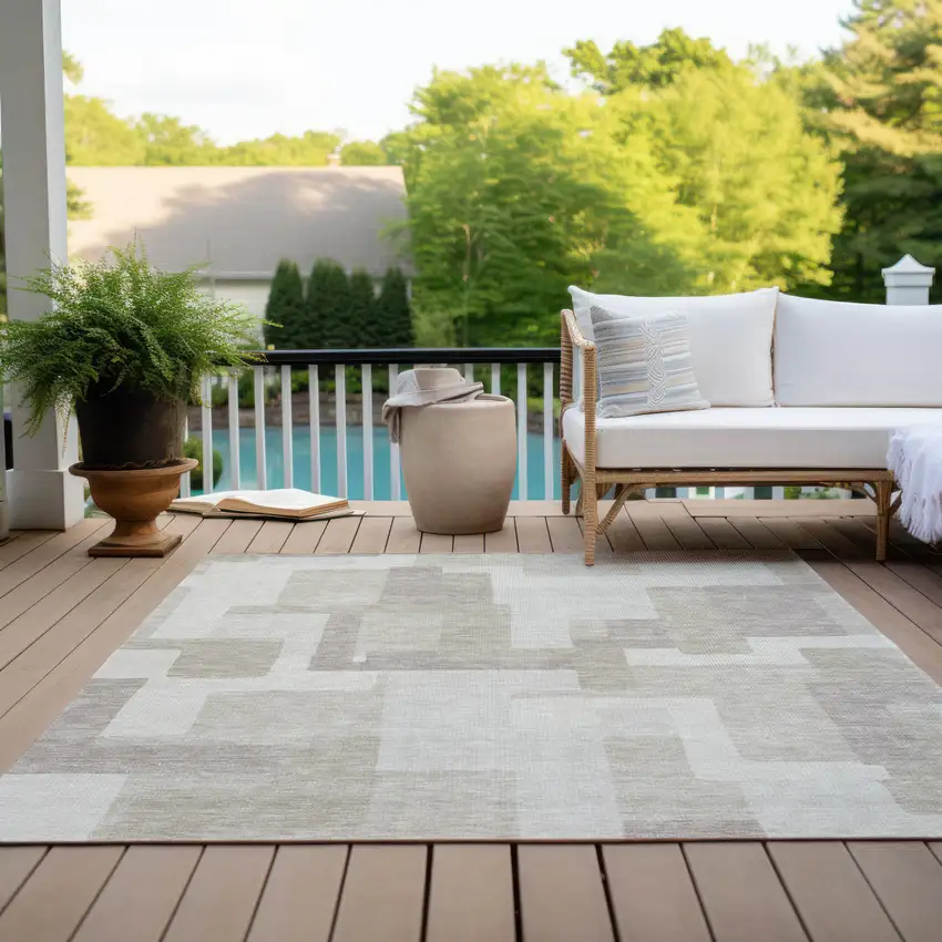 Beige Tan And Taupe Abstract Washable Indoor Outdoor Area Rug Photo 9