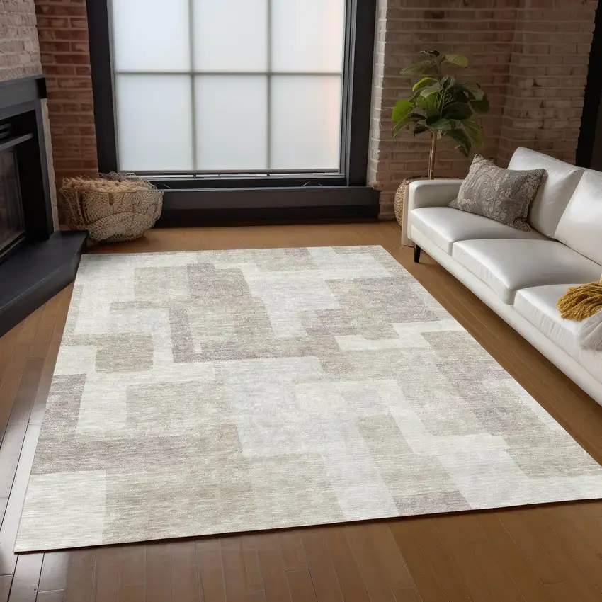 Beige Tan And Taupe Abstract Washable Indoor Outdoor Area Rug Photo 9