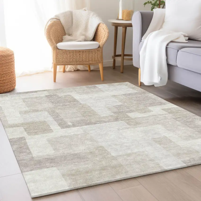 Beige Tan And Taupe Abstract Washable Indoor Outdoor Area Rug Photo 8