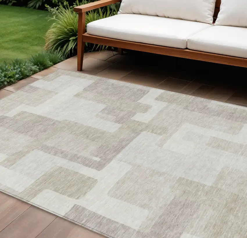 Beige Tan And Taupe Abstract Washable Indoor Outdoor Area Rug Photo 1