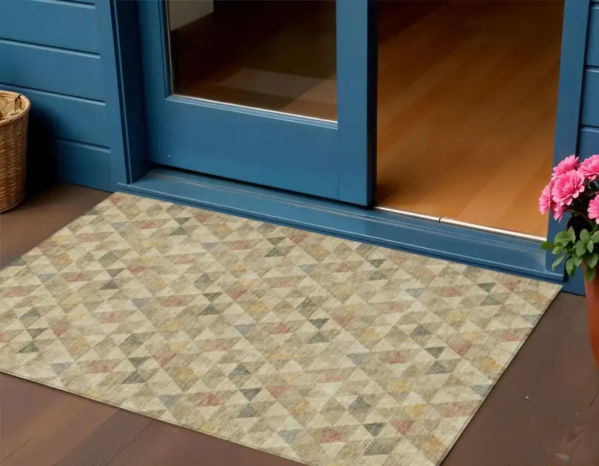 Beige Tan And Taupe Geometric Washable Indoor Outdoor Area Rug Photo 1