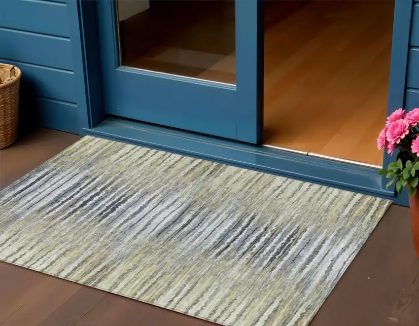 Beige Tan And Taupe Striped Washable Indoor Outdoor Area Rug Photo 1