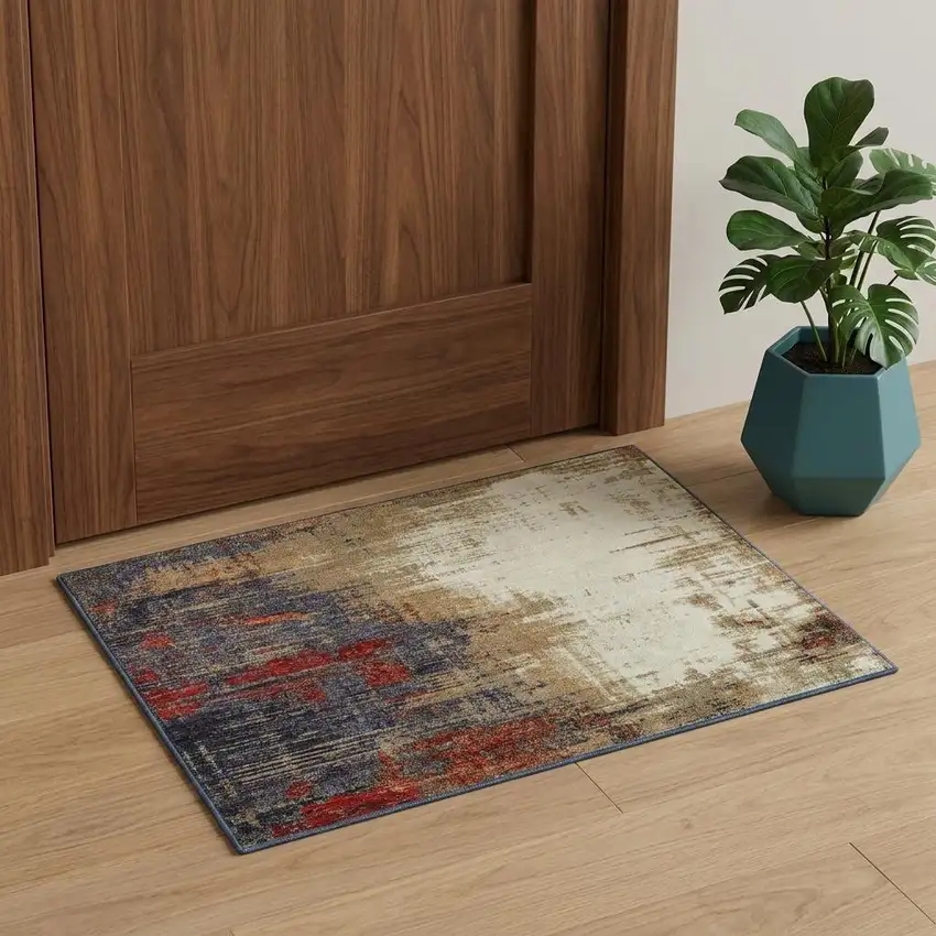 Blue and Beige Abstract Power Loom Area Rug Photo 1