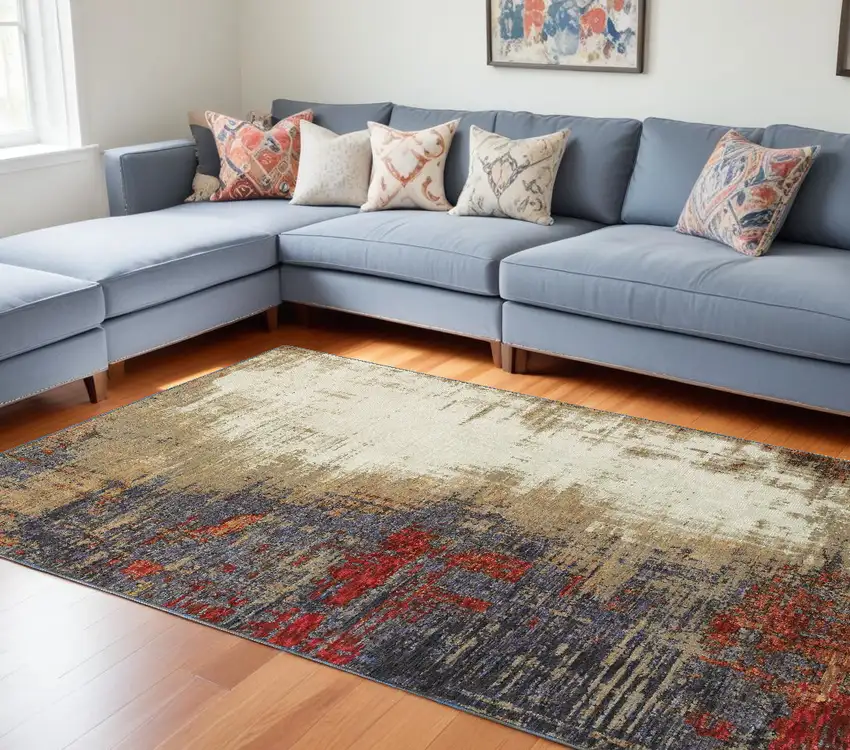 Blue and Beige Abstract Power Loom Area Rug Photo 1