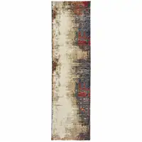 Photo of Beige Tan Brown Blue Purple Red Orange Gold And Green Abstract Power Loom Stain Resistant Runner Rug
