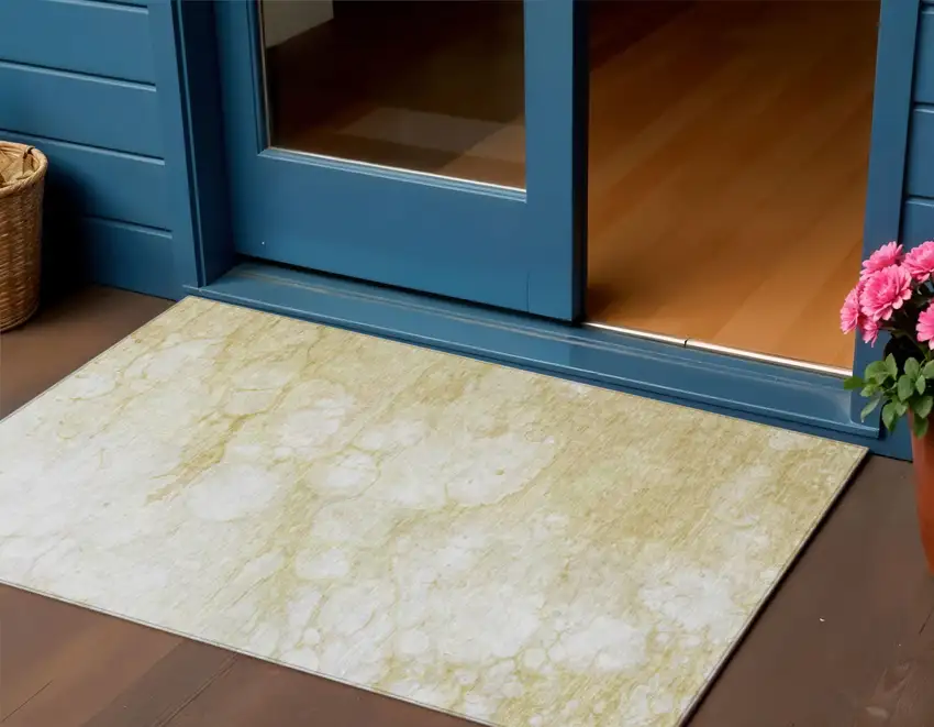 Beige Taupe And Artichoke Green Abstract Washable Indoor Outdoor Area Rug Photo 1