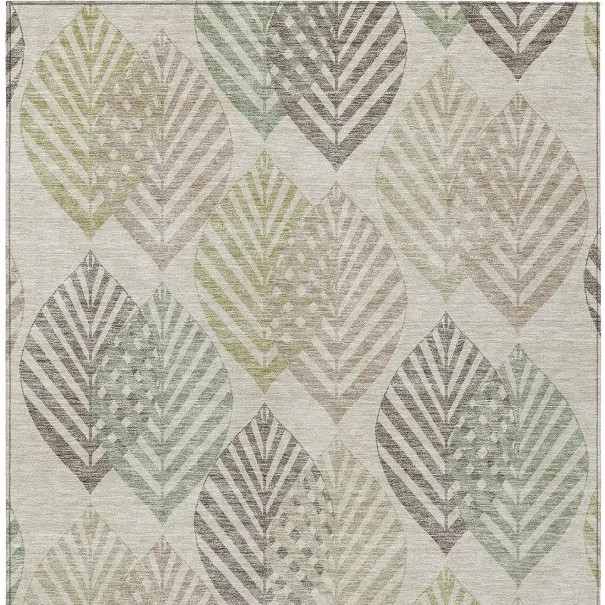 Beige Taupe And Artichoke Green Floral Washable Indoor Outdoor Area Rug Photo 5
