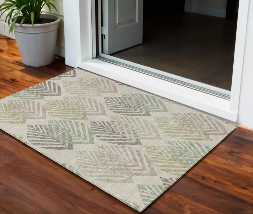 Beige Taupe And Artichoke Green Floral Washable Indoor Outdoor Area Rug Photo 1
