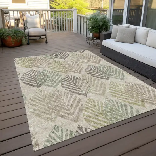 Beige Taupe And Artichoke Green Floral Washable Indoor Outdoor Area Rug Photo 9