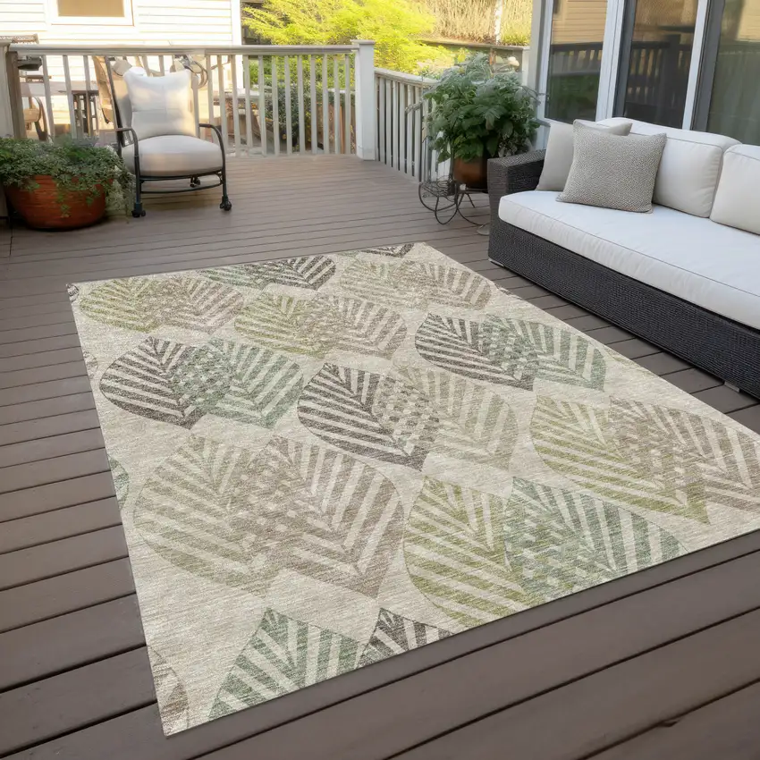 Beige Taupe And Artichoke Green Floral Washable Indoor Outdoor Area Rug Photo 9
