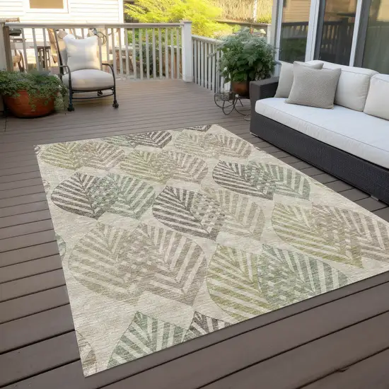 Beige Taupe And Artichoke Green Floral Washable Indoor Outdoor Area Rug Photo 9