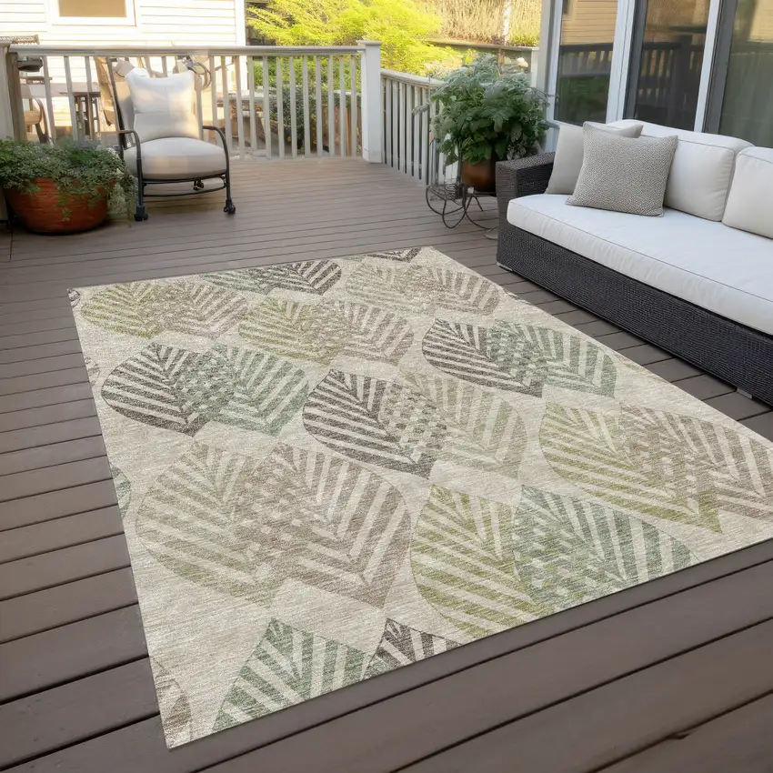 Beige Taupe And Artichoke Green Floral Washable Indoor Outdoor Area Rug Photo 9