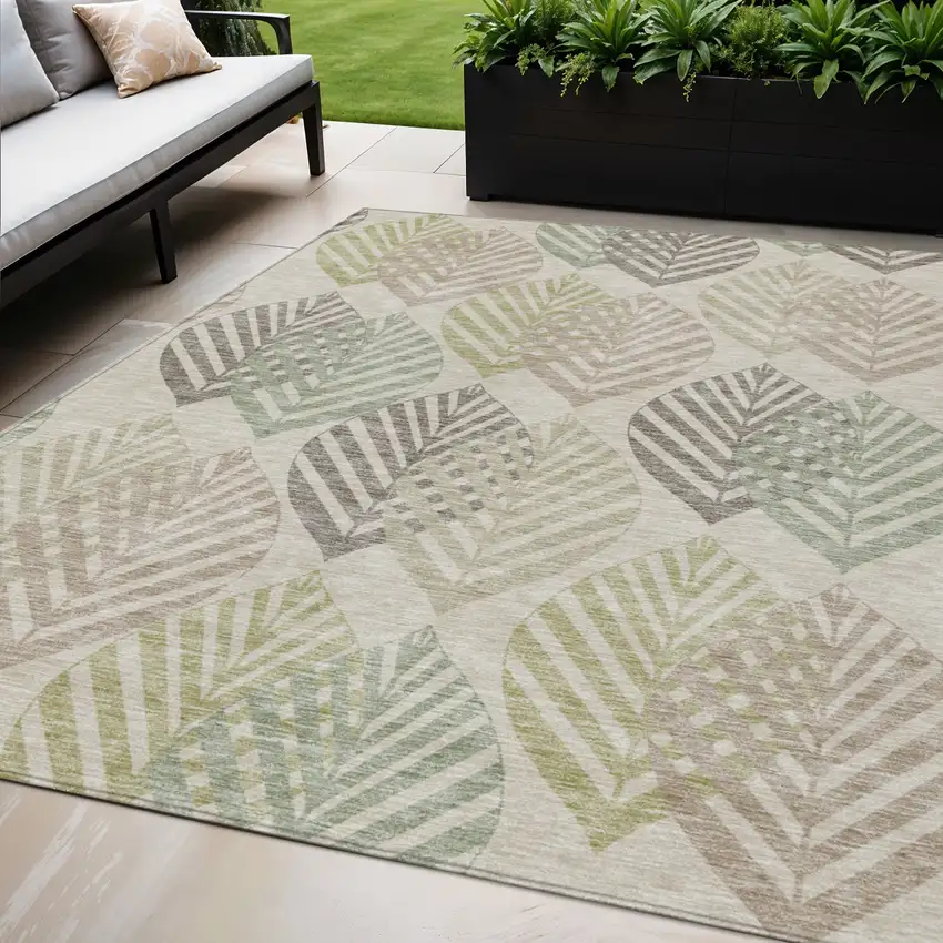Beige Taupe And Artichoke Green Floral Washable Indoor Outdoor Area Rug Photo 1