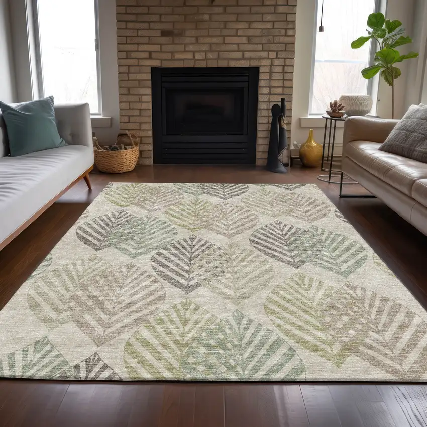 Beige Taupe And Artichoke Green Floral Washable Indoor Outdoor Area Rug Photo 7