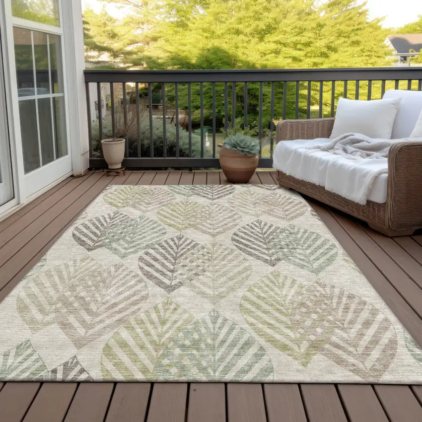 Beige Taupe And Artichoke Green Floral Washable Indoor Outdoor Area Rug Photo 7