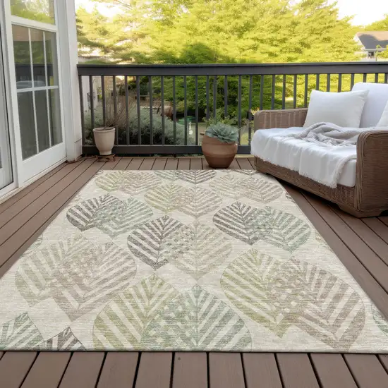 Beige Taupe And Artichoke Green Floral Washable Indoor Outdoor Area Rug Photo 7