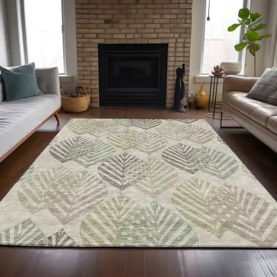 Beige Taupe And Artichoke Green Floral Washable Indoor Outdoor Area Rug Photo 8